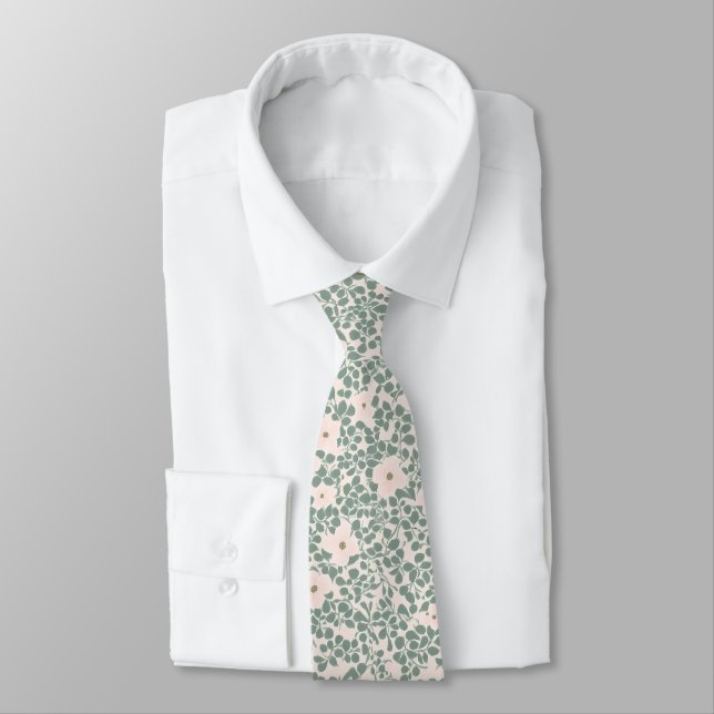 Sage Green Ditsy Floral Pattern Neck Tie (Tied)