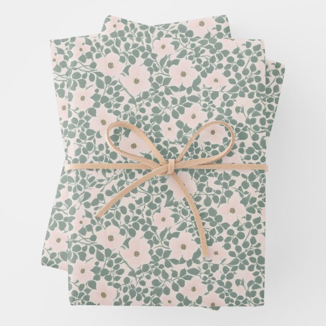 Sage Green Ditsy Floral Pattern Wrapping Paper Sheets (In situ)