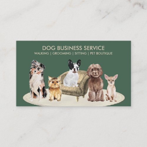 Sage Green Dogs Walking Chair Sitting Pet Groomer Business Card