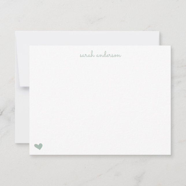 Sage Green Doodle Heart Personalized Stationery Note Card (Front)
