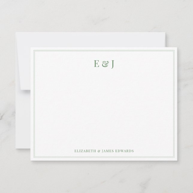 Sage Green Double Border Elegant Couple Initials Note Card (Front)