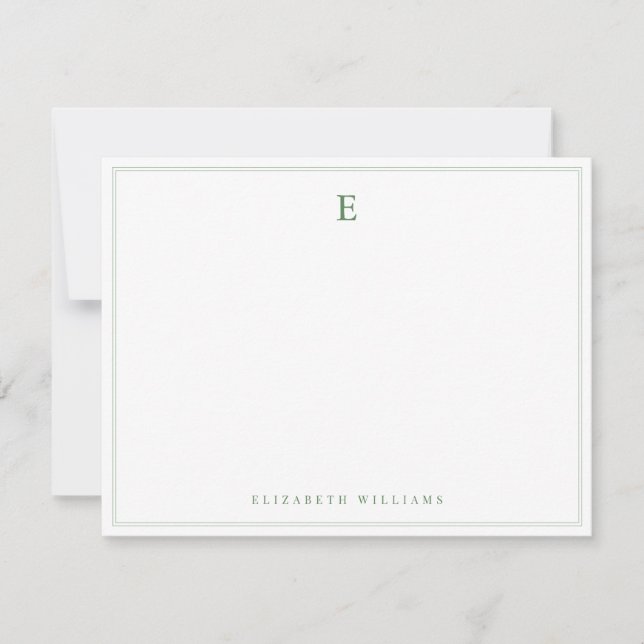 Sage Green Double Border Simple Elegant Monogram Note Card (Front)