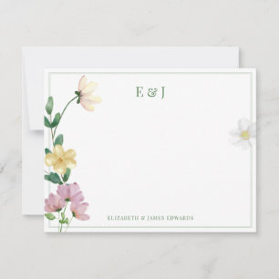 Sage Green Double Border Wildflowers Monogrammed Note Card