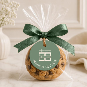 Sage Green Double Happiness Wedding Round Favor Tags