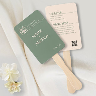 Sage Green Double Happiness Wedding Thank You Note Hand Fan