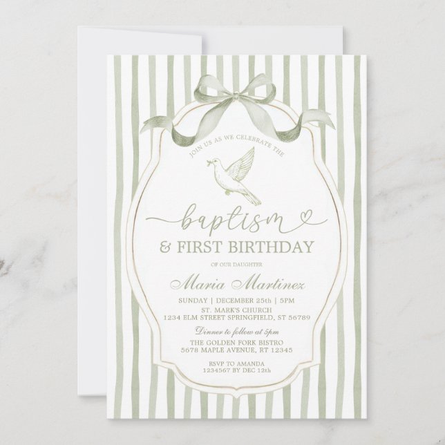 Sage Green Dove Baptism First Birthday Invitation (Front)