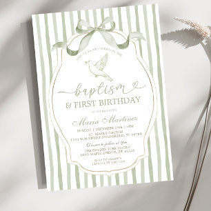 Sage Green Dove Baptism First Birthday Invitation