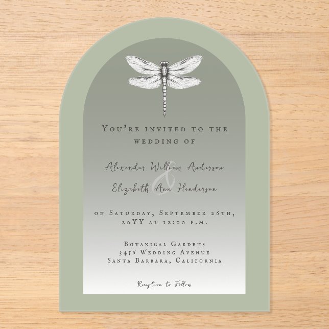Sage Green Dragonfly Wedding Acrylic Invitations (Front)