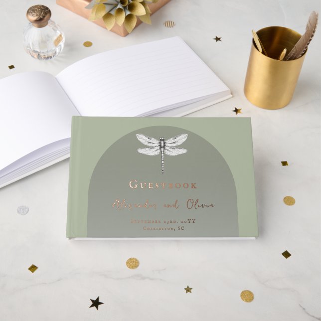 Sage Green Dragonfly Wedding Foil Guest Book (Front Open)