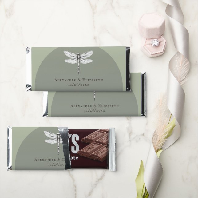 Sage Green Dragonfly Wedding Hershey Bar Favors (Front)