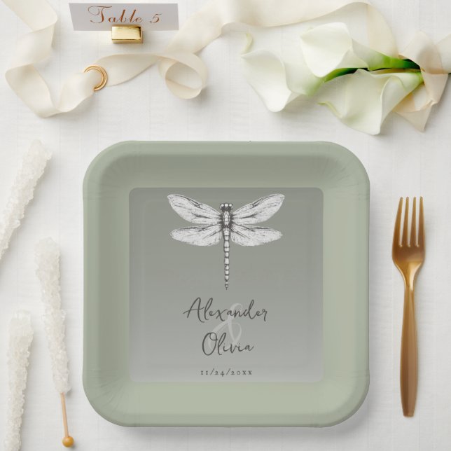 Sage Green Dragonfly Wedding Paper Plates (Wedding)