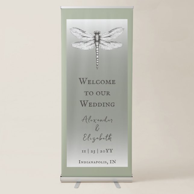 Sage Green Dragonfly Wedding Retractable Banner (Front)