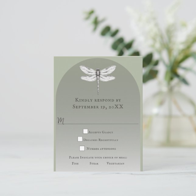 Sage Green Dragonfly Wedding RSVP Card (Standing Front)