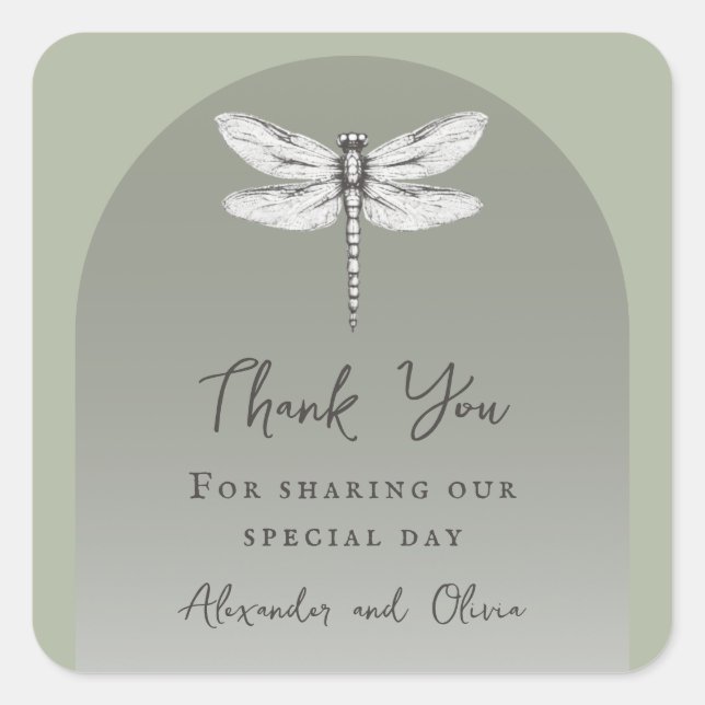 Sage Green Dragonfly Wedding Square Sticker (Front)
