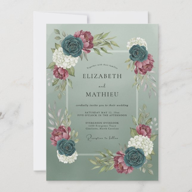 Sage Green Dramatic Botanical Wedding Invitation (Front)