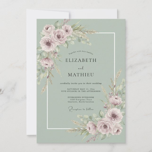 Sage Green Dreamy Botanical Wedding Invitation (Front)