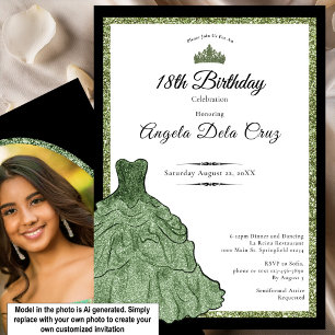 Sage Green Dress and Tiara 18th Birthday Debut  Invitation