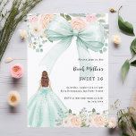 Sage green dress bow pink Sweet 16 invitation<br><div class="desc">A white background,  decorated with a large sage green colored bow,  pink flowers and a girl in a green colored dress. Personalize and add a name and party details.

1 sheet = 1 invitation printed edge to edge.</div>