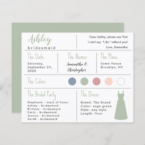 Sage Green Dress Color Bridesmaid Information Card