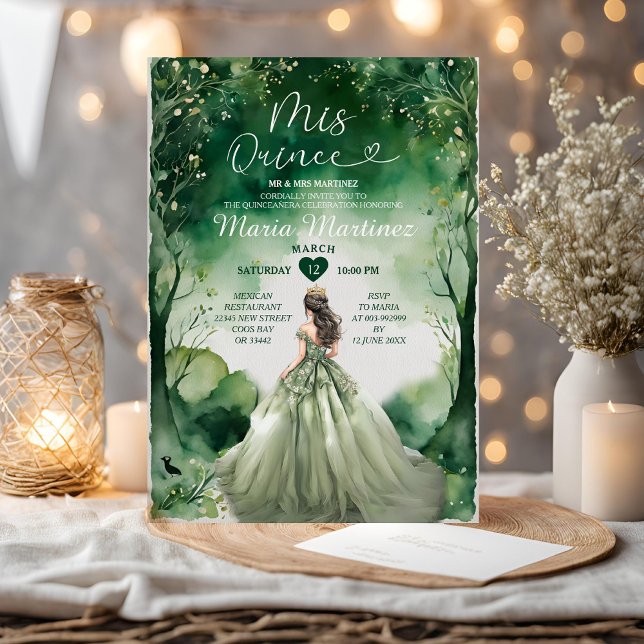 Sage Green Dress Emerald Forest Girl Mis Quince  Invitation (Creator Uploaded)