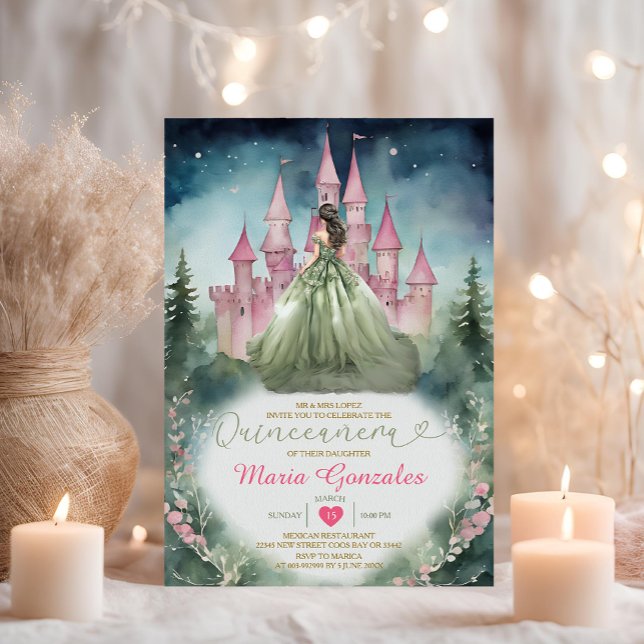 Sage Green Dress Forest Pink Castle 16 Quinceañera Invitation (Creator Uploaded)