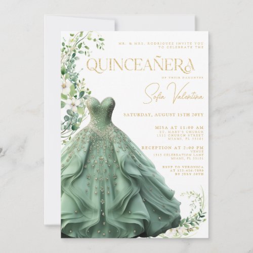 Sage Green Dress Gown Floral Princess Quinceaera  Invitation