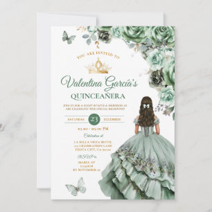 Sage Green Dress Quinceañera 15 Anos Flowers Gold Invitation