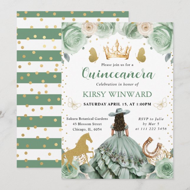 Sage Green Dress Western Princess Quinceanera Invitation (Front/Back)