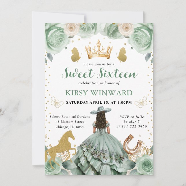 Sage Green Dress Western Princess Sweet 16 Invitation (Front)