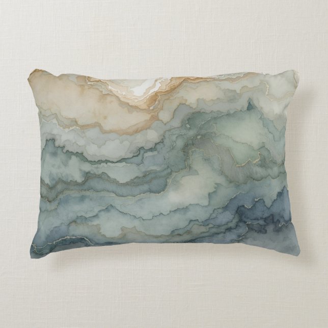 Sage Green Dusty Blue Beige Abstract Waves Accent Pillow (Front)
