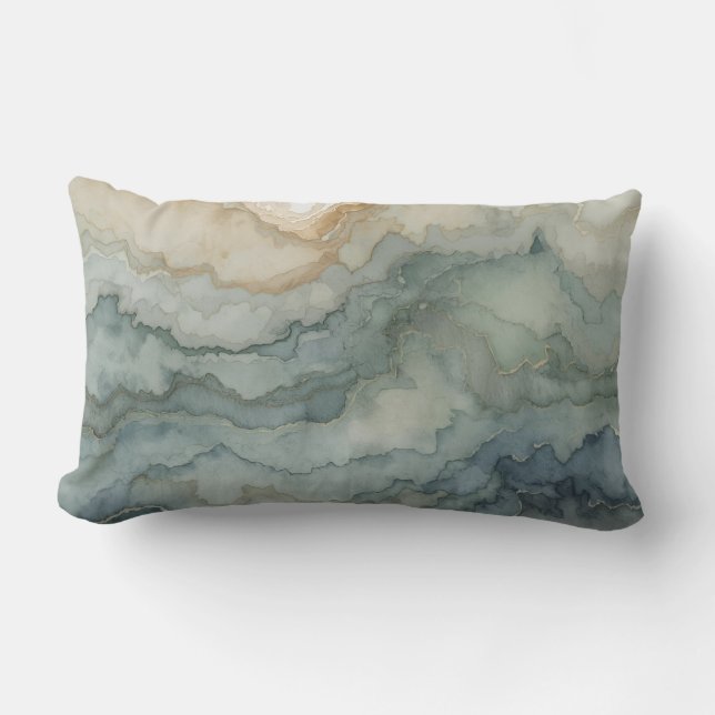 Sage Green Dusty Blue Beige Abstract Waves Lumbar Pillow (Front)
