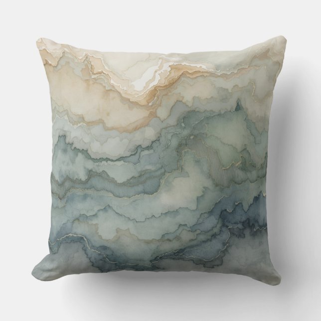Sage Green Dusty Blue Beige Abstract Waves Throw Pillow (Front)
