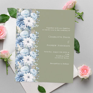 Sage green dusty blue floral wedding invitation