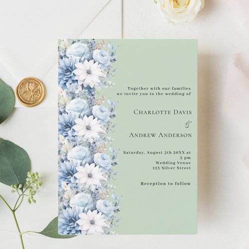 Sage green dusty blue florals elegant wedding invitation