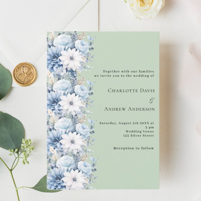 Sage green dusty blue florals elegant wedding invitation (Creator Uploaded)