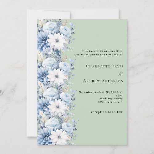 Sage green dusty blue florals elegant wedding invitation