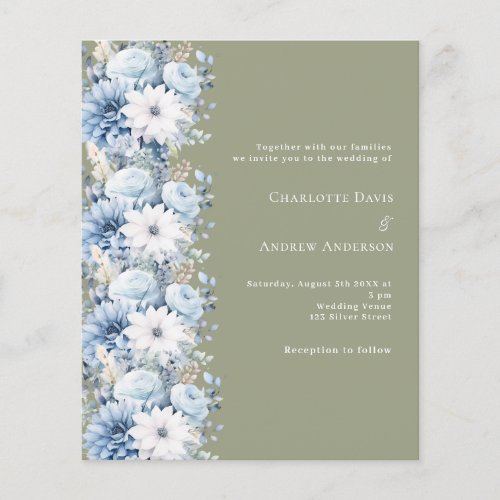 Sage green dusty blue florals wedding invitation