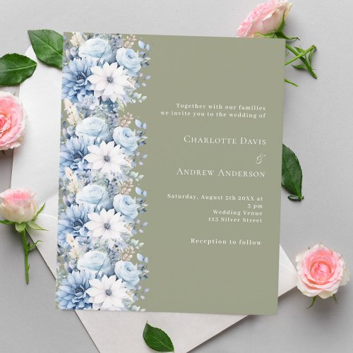 Sage green dusty blue florals wedding invitation