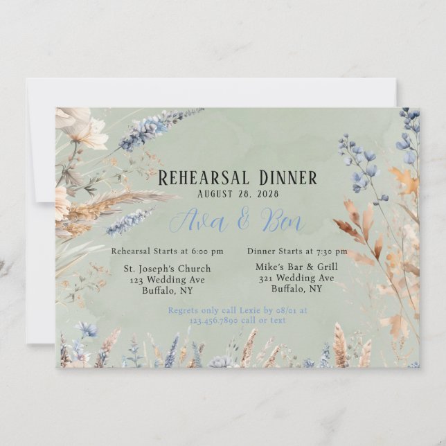 Sage Green & Dusty Blue Flowers Rehearsal Dinner Invitation (Front)