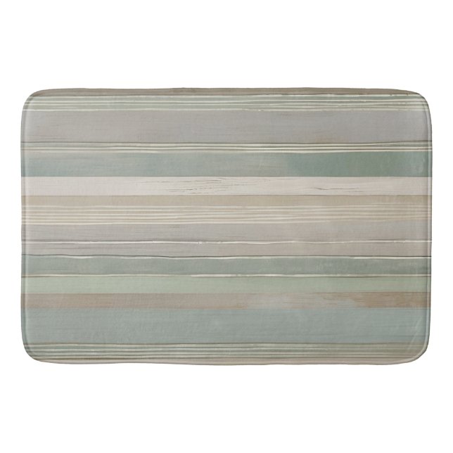 Sage Green Dusty Blue Taupe Gray Farmhouse Stripe Bath Mat (Front)