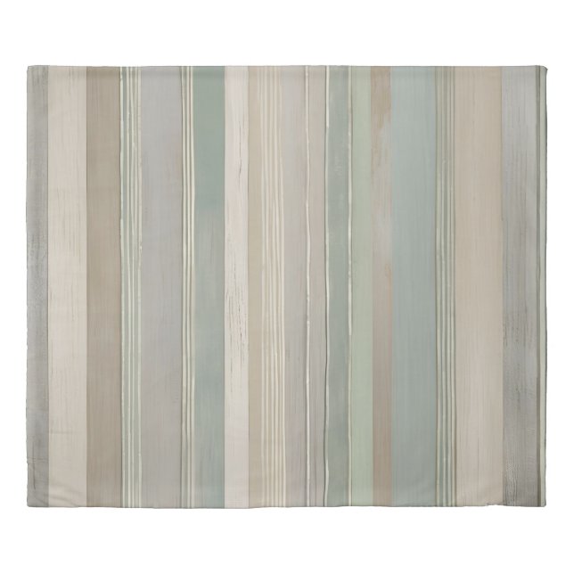 Sage Green Dusty Blue Taupe Gray Farmhouse Stripe Duvet Cover (Front)