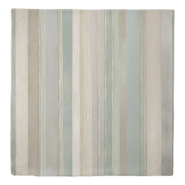 Sage Green Dusty Blue Taupe Gray Farmhouse Stripe Duvet Cover (Front)