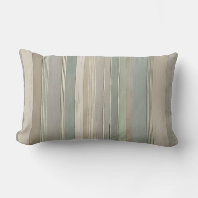 Sage Green Dusty Blue Taupe Gray Farmhouse Stripe Lumbar Pillow (Front)