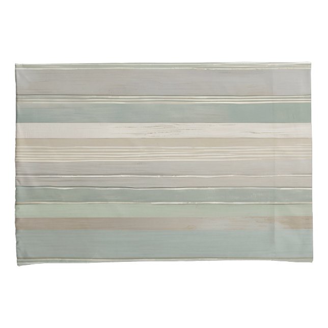 Sage Green Dusty Blue Taupe Gray Farmhouse Stripe Pillow Case (Front-Right)