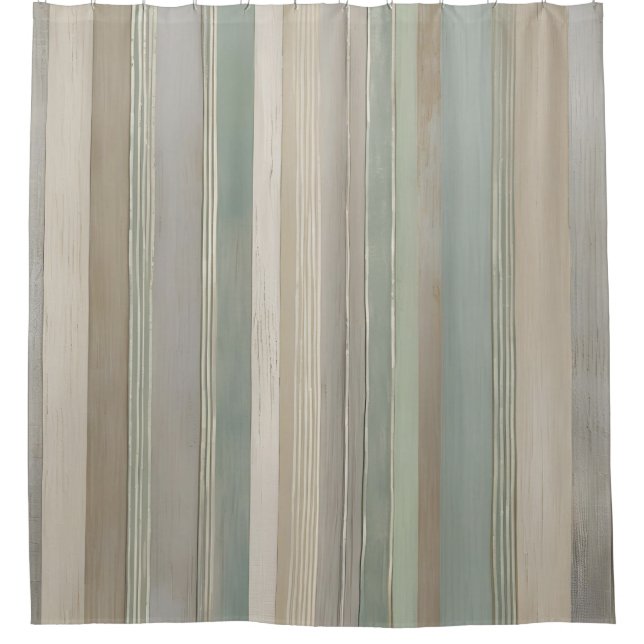 Sage Green Dusty Blue Taupe Gray Farmhouse Stripe Shower Curtain (Front)