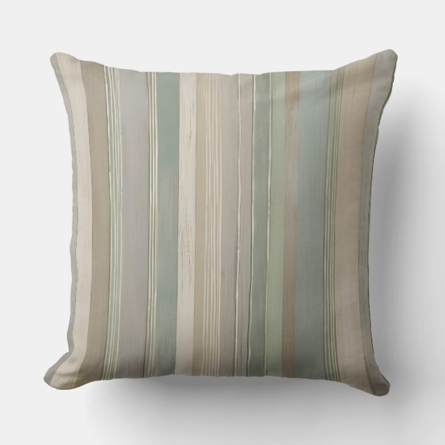 Sage Green Dusty Blue Taupe Gray Farmhouse Stripe Throw Pillow (Front)