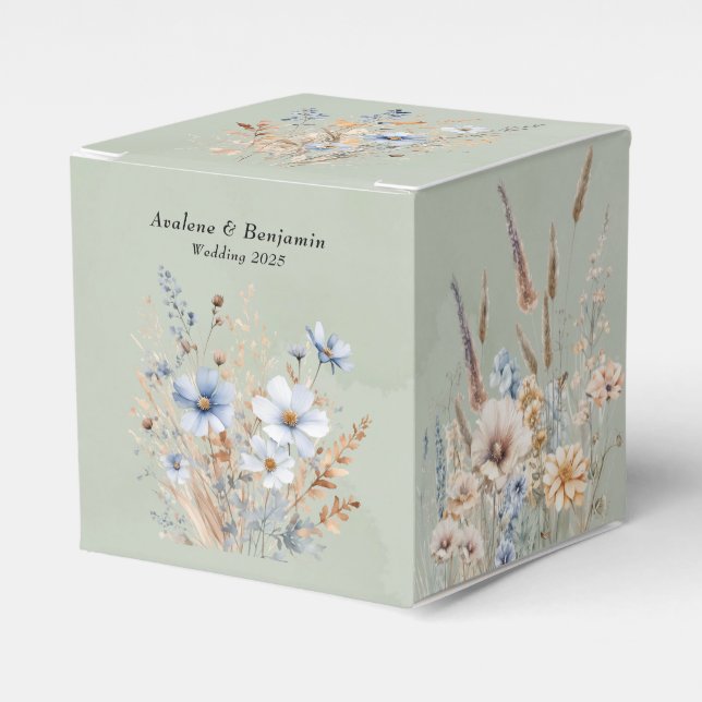 Sage Green Dusty Blue Wildflower Wedding Favor Boxes (Front Side)