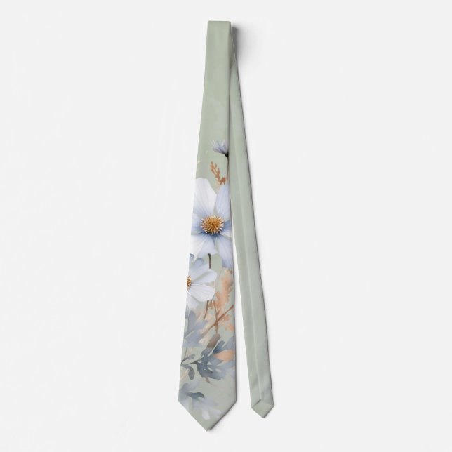 Sage Green Dusty Blue Wildflower Wedding  Neck Tie (Front)