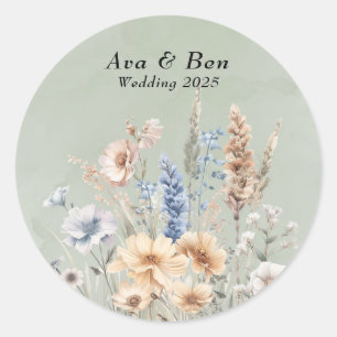 Sage Green Dusty Blue Wildflowers Wedding Classic Round Sticker
