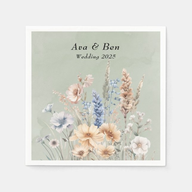 Sage Green Dusty Blue Wildflowers Wedding Napkins (Front)